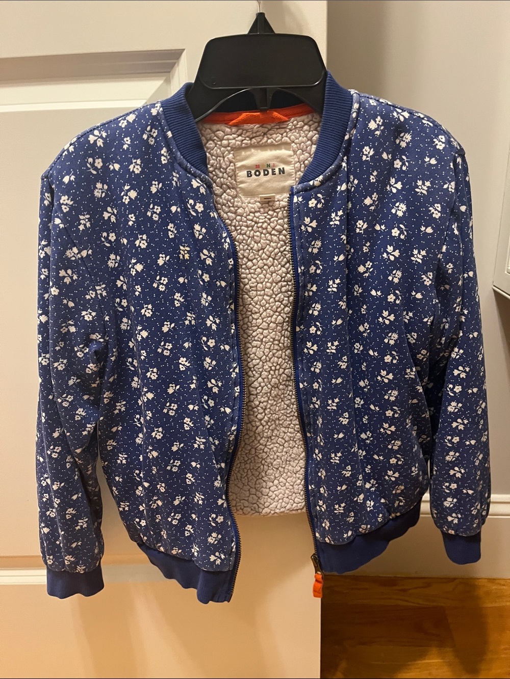Boden Blue Floral Puffer Jacket with Sherpa Lining